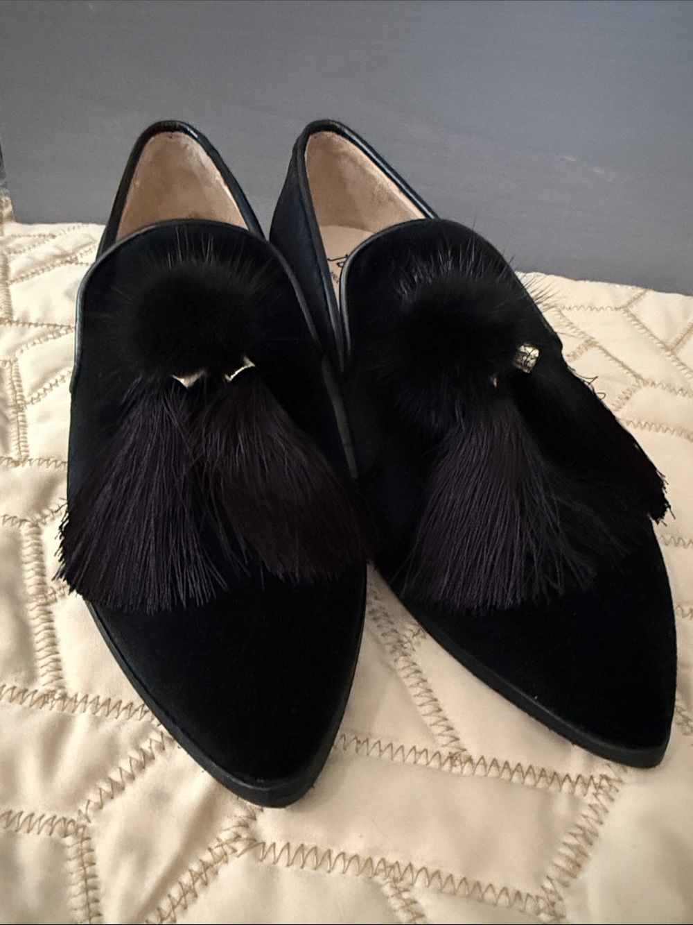 Jon Josef Women's Black Velvet Tassel Pom-Trim Loafers Imported made in Spain
